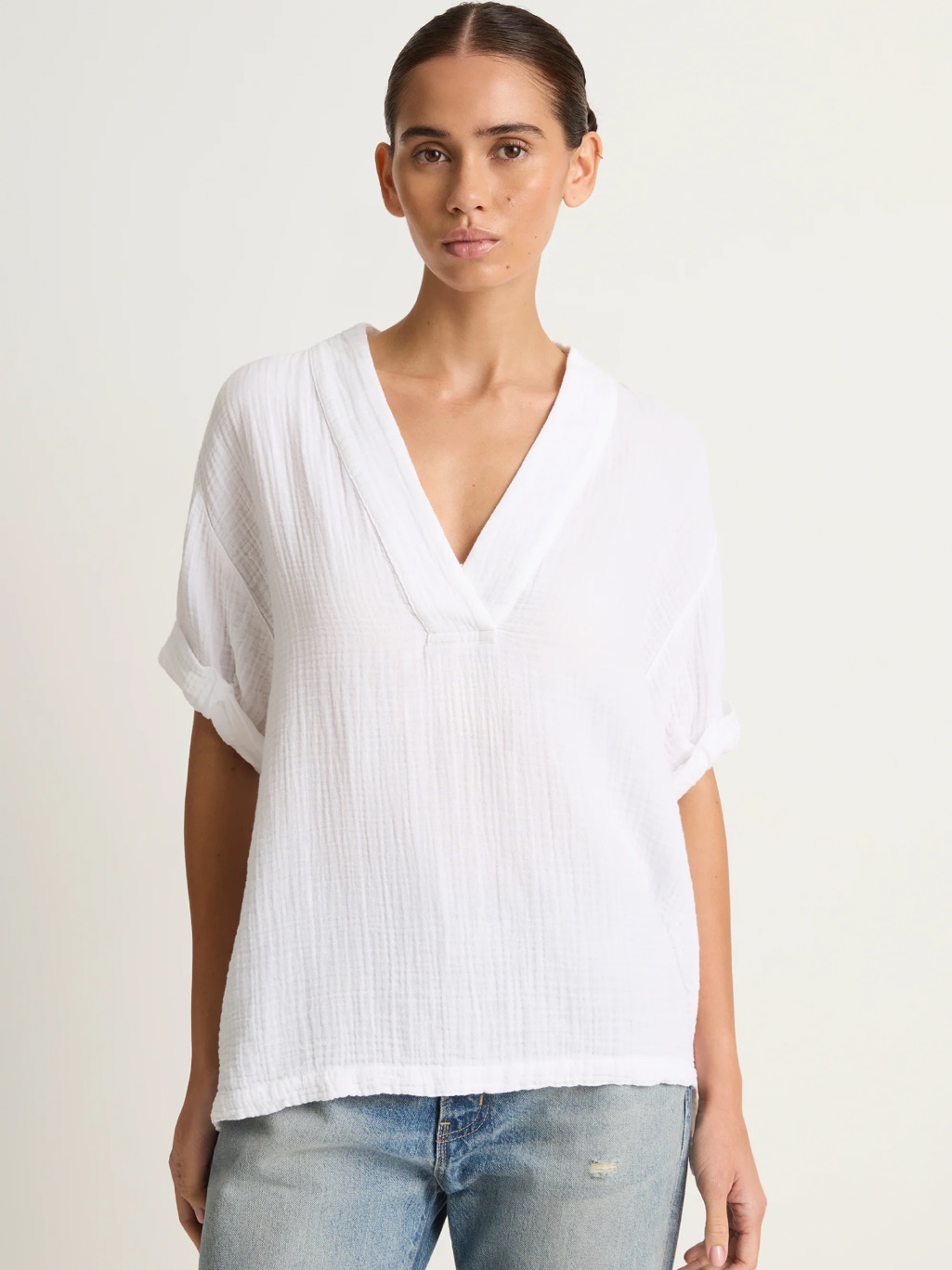 Xirena Avery White V-Neck Gauze Top